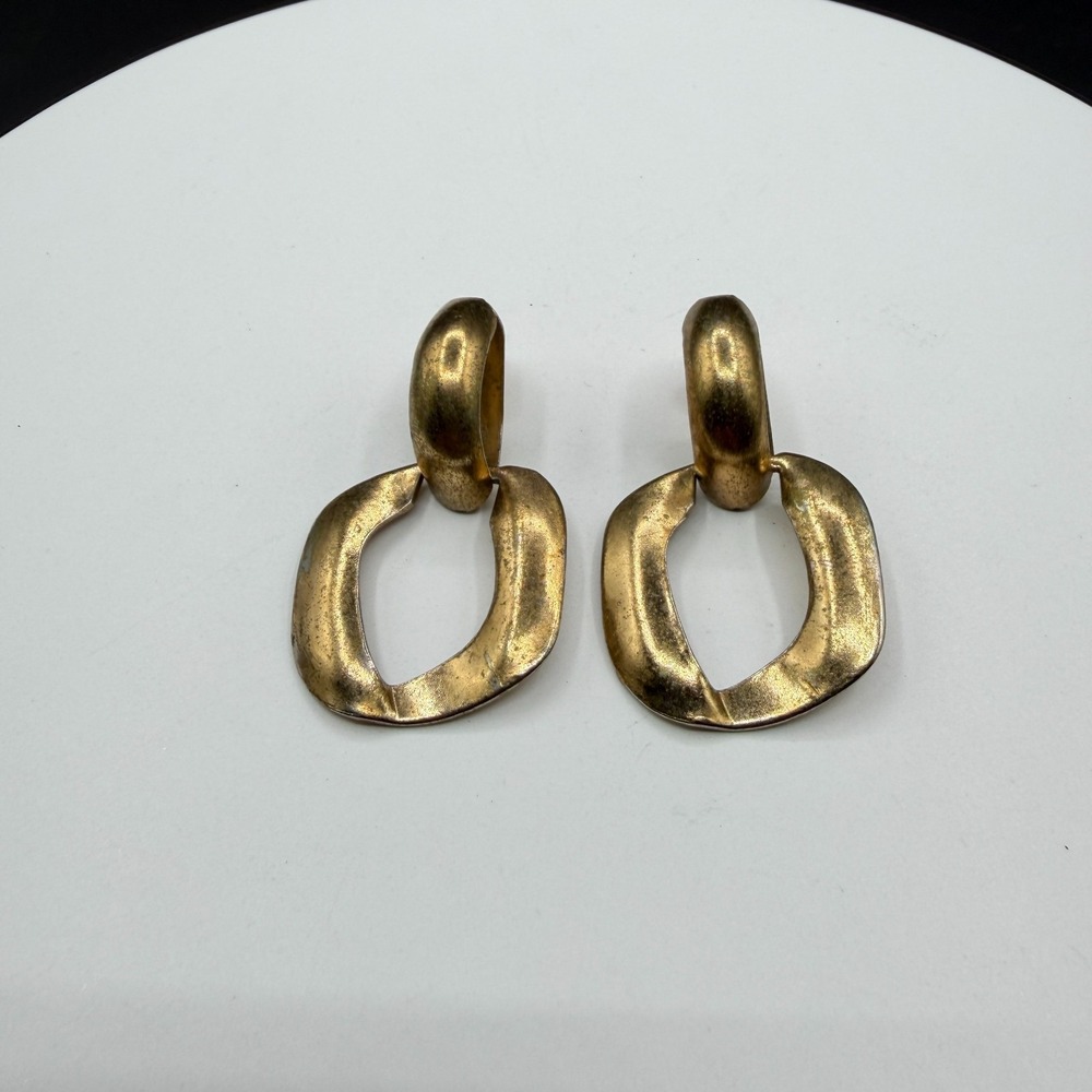 Gold Tone Geometric Door Knocker Dangle Earrings Chunky Statement Pierced Pair - Picture 5 of 13